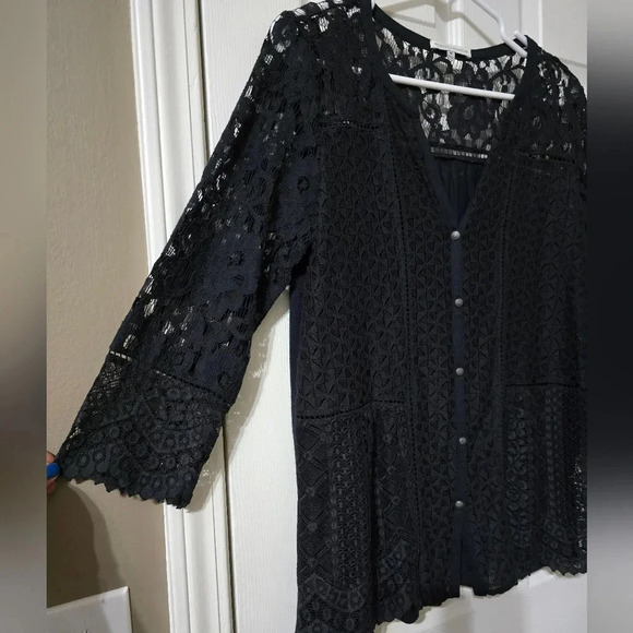 Rebecca Minkoff Lace Front Button Top, Sheer 3/4 Sleeves, Soft Knit Back, EUC! - Picture 2 of 12